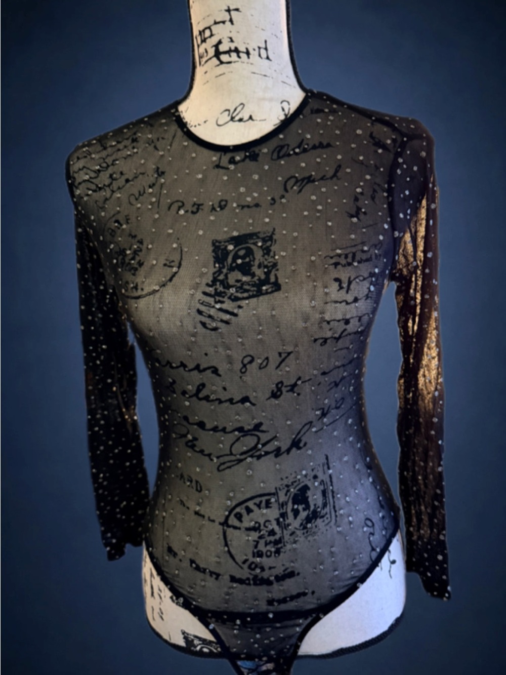 Natori Black Script-Print Sheer Long-Sleeve Mesh Top